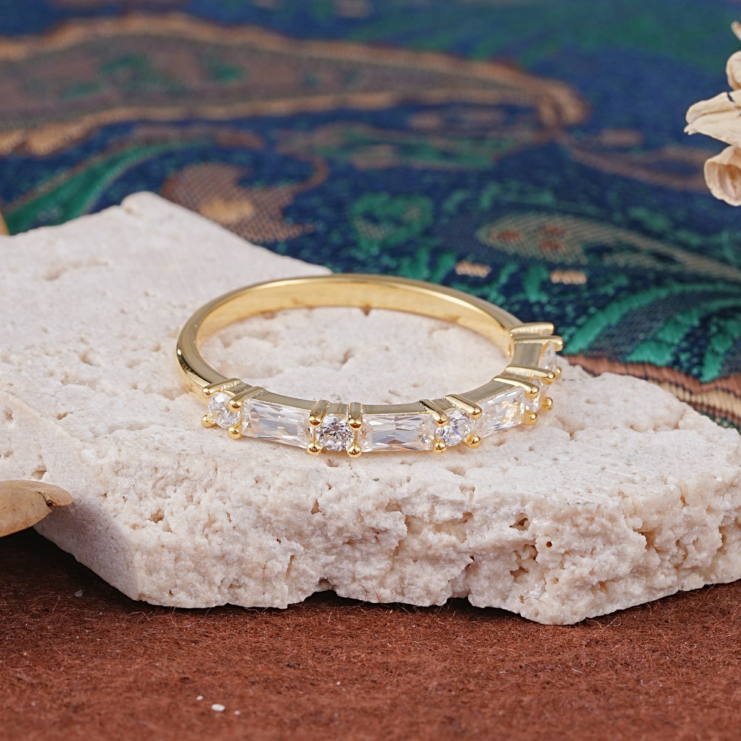 Art Deco Baguette & Round Moissanite Alternating Half Pavé Wedding Band - Additional view