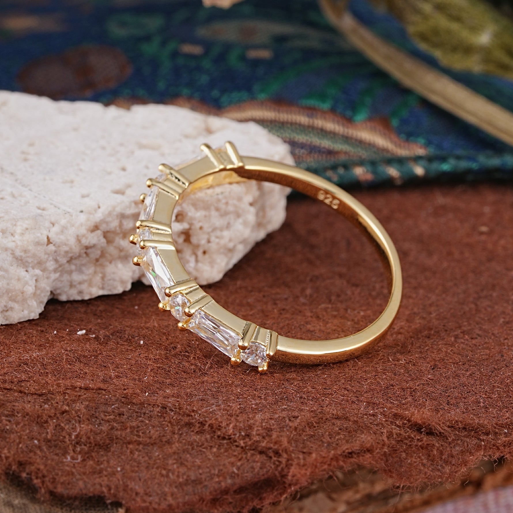 Art Deco Baguette & Round Moissanite Alternating Half Pavé Wedding Band - Additional view