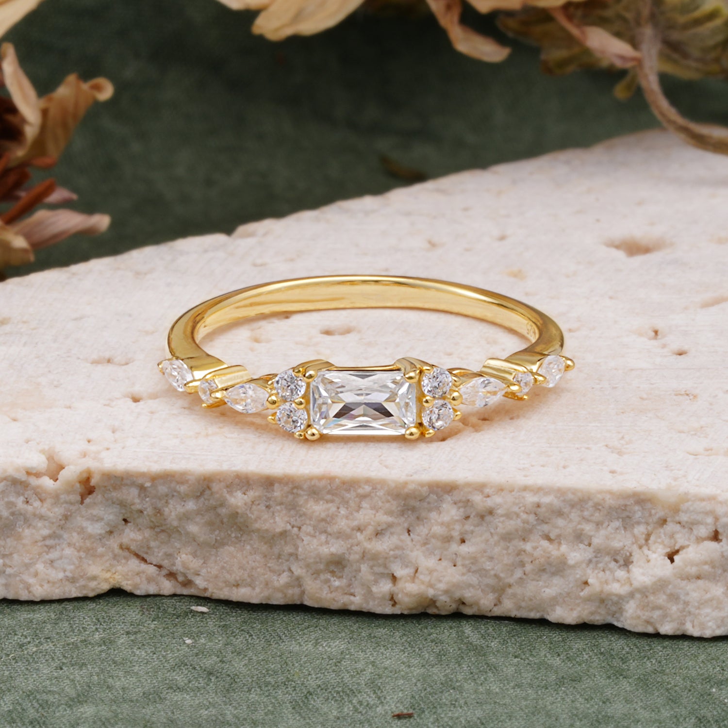 Vintage Emerald Cut Moissanite Cluster Accent Engagement Ring - Additional view