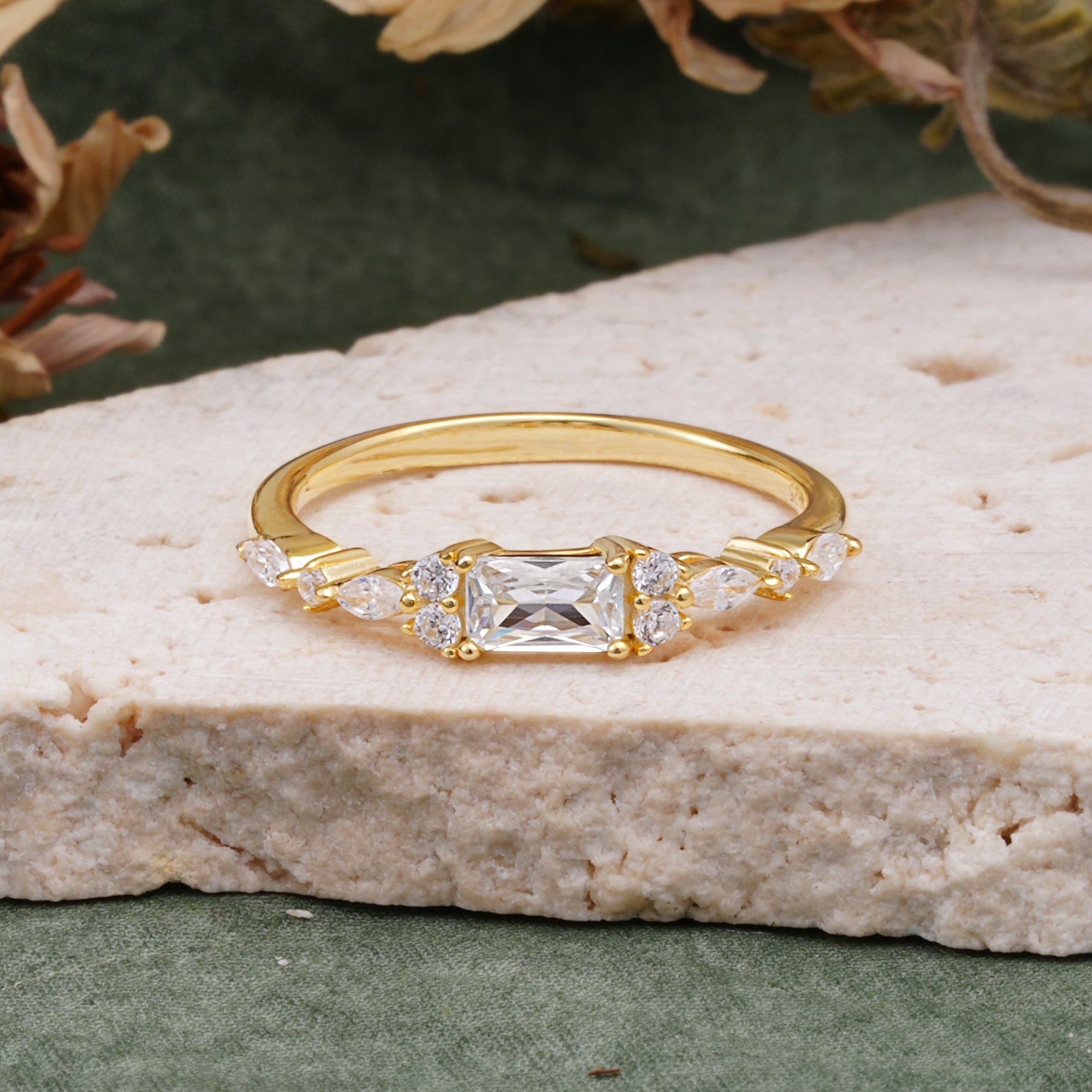Vintage Emerald Cut Moissanite Cluster Accent Engagement Ring - Additional view