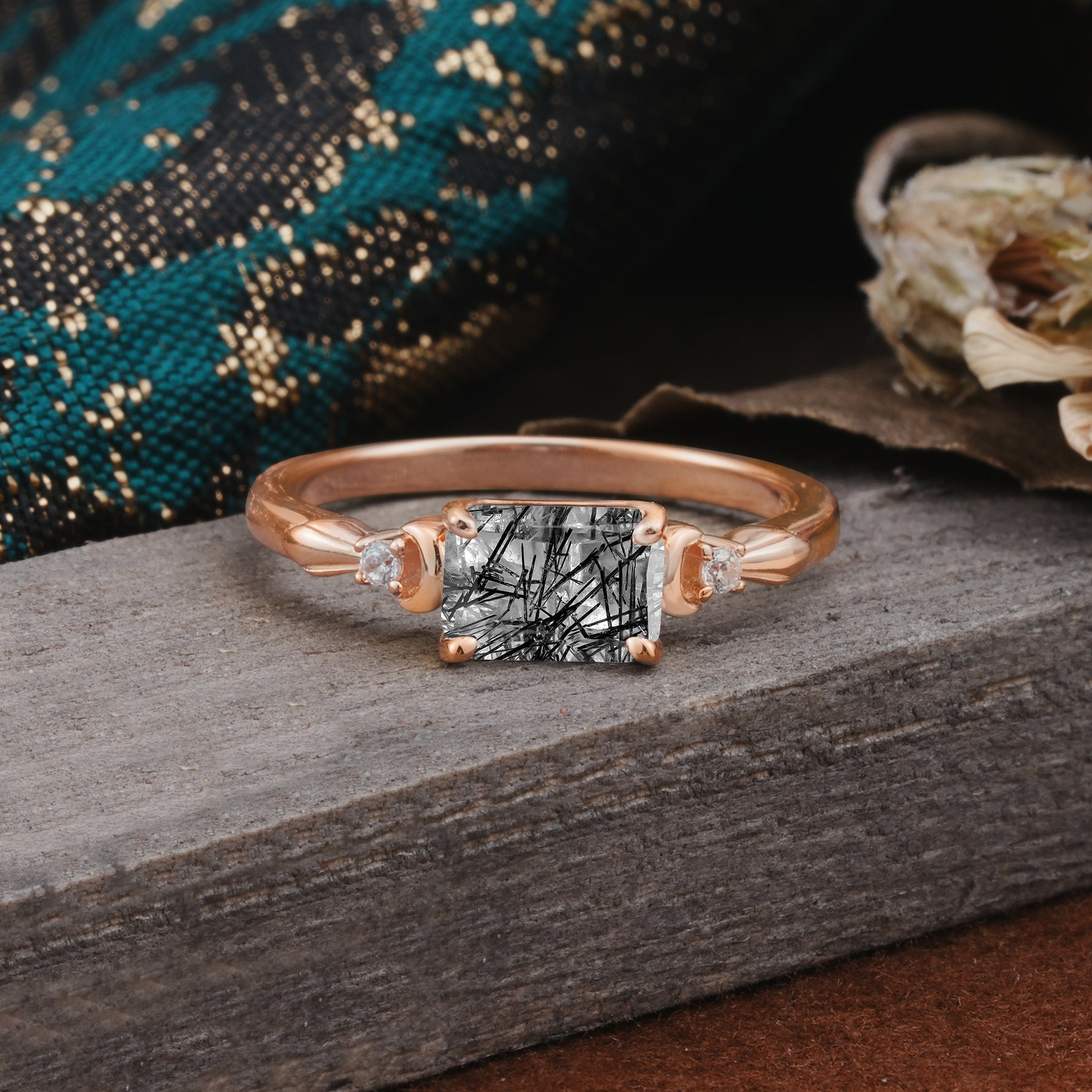 Classic Sparkling Square Cut Black Rutilated Quartz Engagement Ring with Side Accents  - Additional view