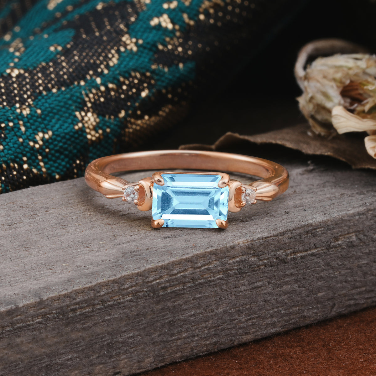 Classic Sparkling Square Cut Aquamarine Engagement Ring with Side Accents  - Additional view