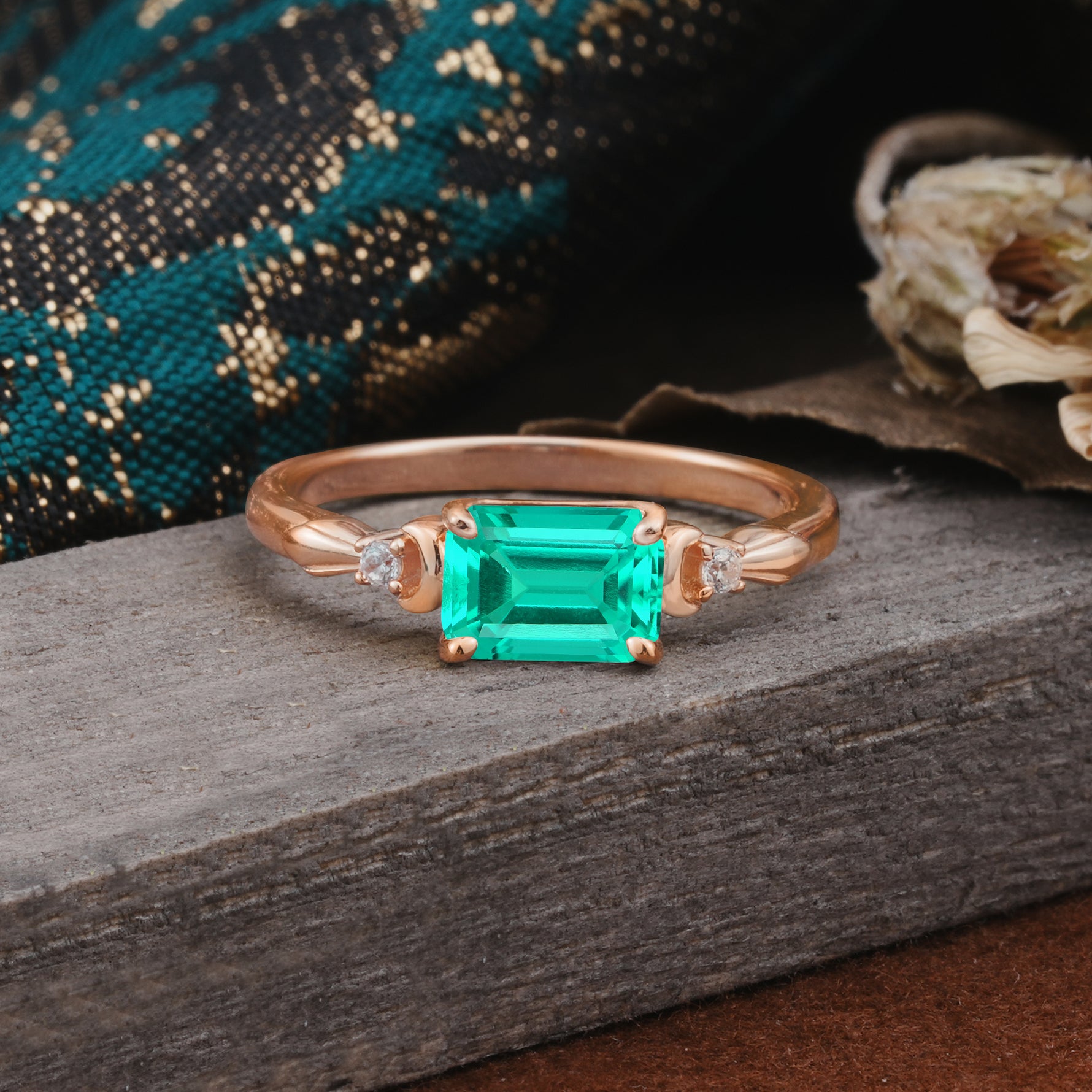 Classic Sparkling Square Cut Emerald Engagement Ring with Side Accents  - Additional view