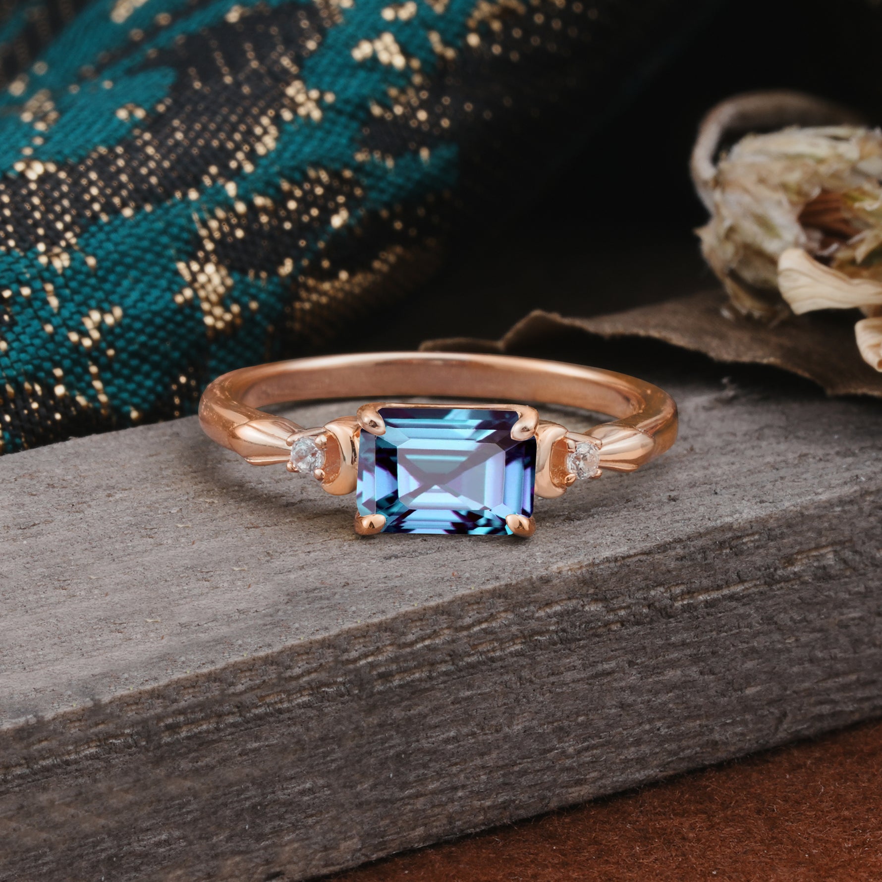 Classic Sparkling Square Cut Alexandrite Engagement Ring with Side Accents  - Additional view