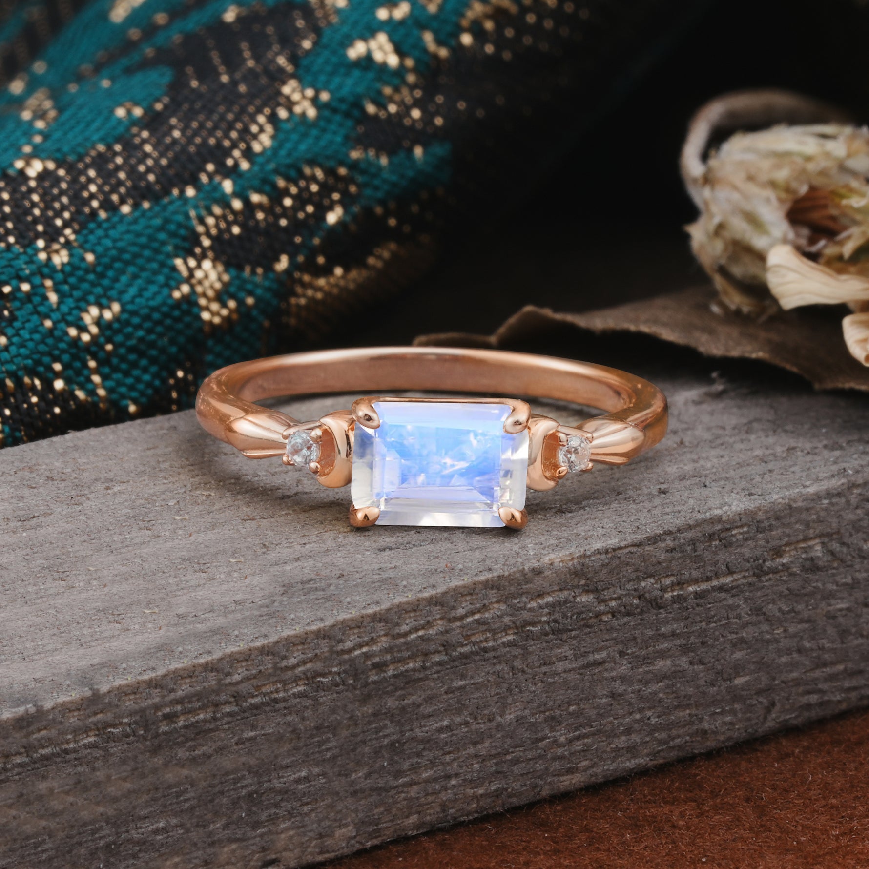 Classic Sparkling Square Cut Moonstone Engagement Ring with Side Accents  - Additional view