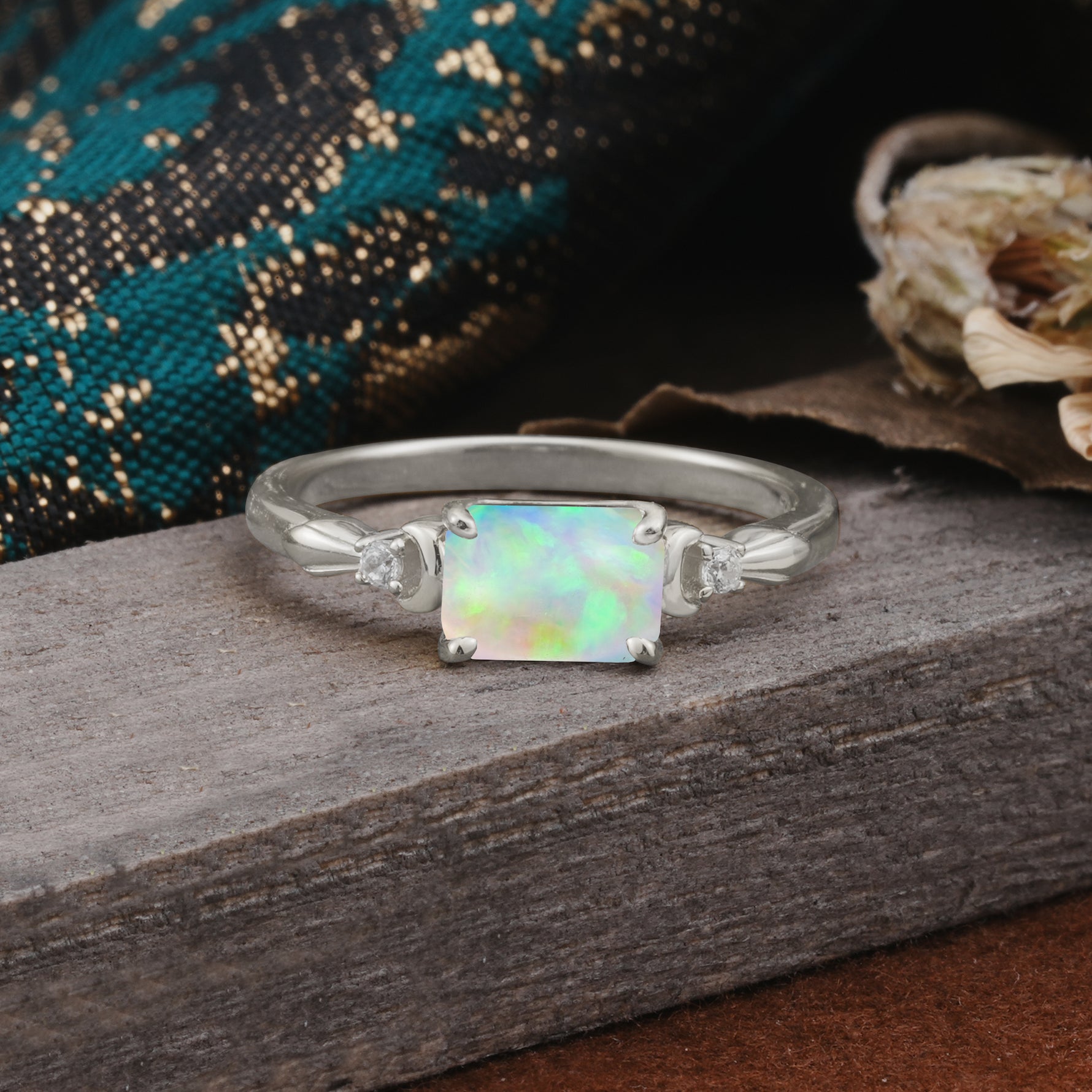 Classic Sparkling Square Cut Fire Opal Engagement Ring with Side Accents  - Additional view