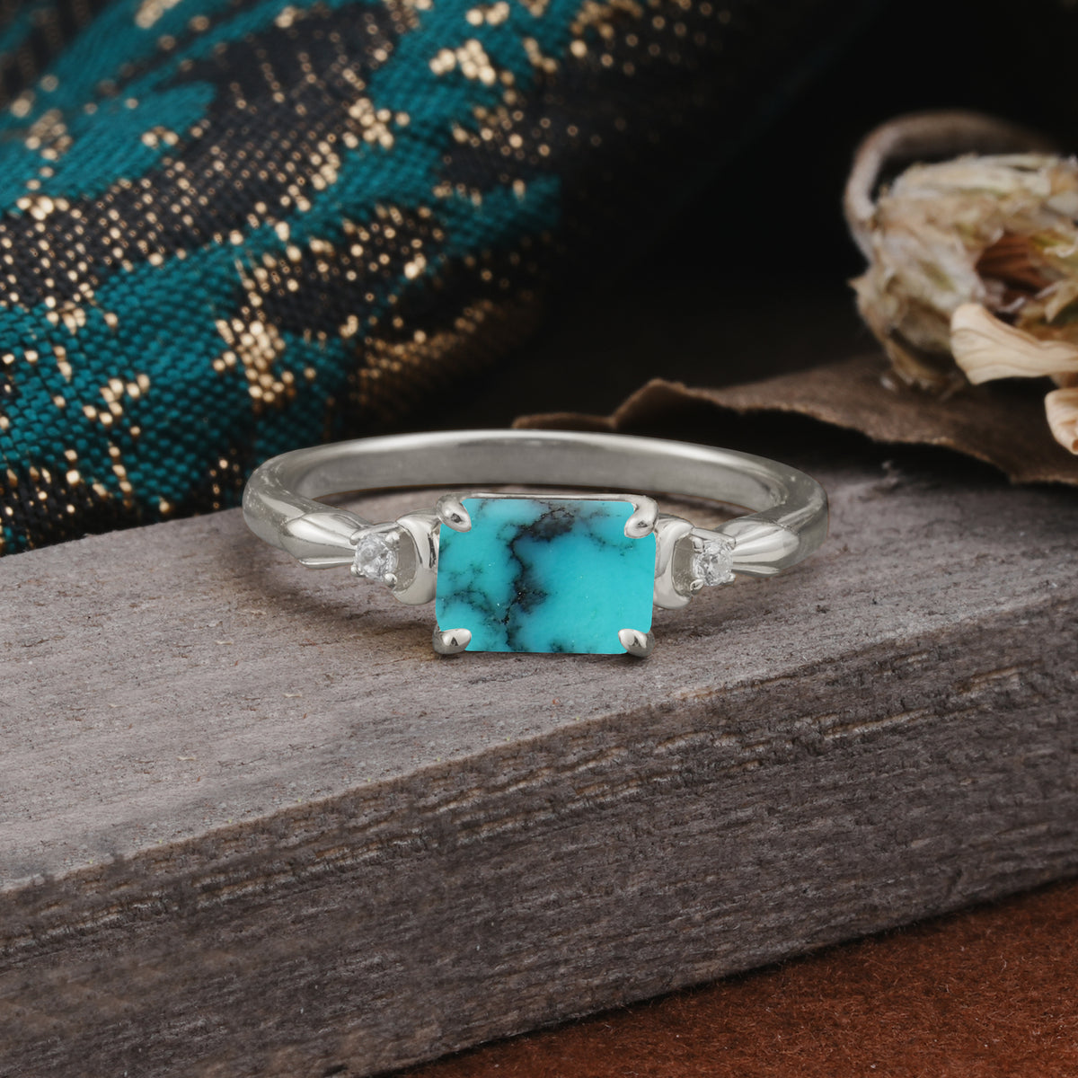 Classic Sparkling Square Cut Turquoise Engagement Ring with Side Accents  - Additional view