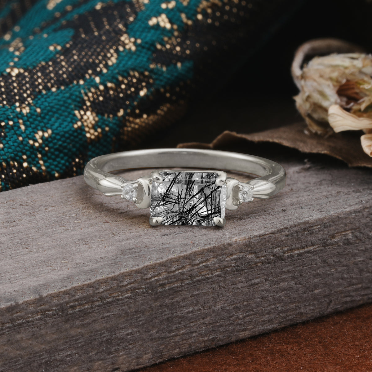 Classic Sparkling Square Cut Black Rutilated Quartz Engagement Ring with Side Accents  - Additional view