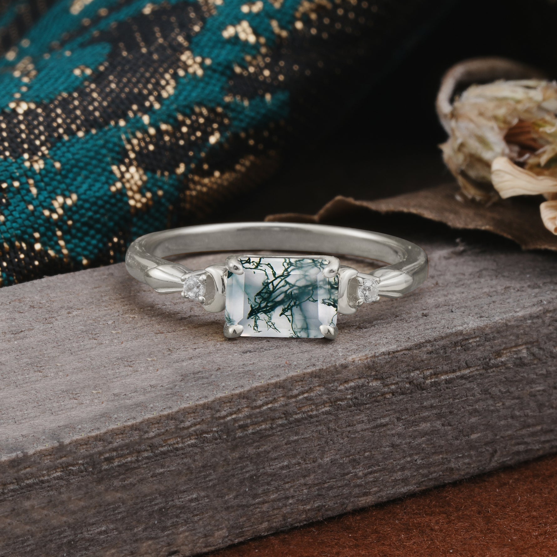 Classic Sparkling Square Cut Moss Agate Engagement Ring with Side Accents  - Additional view