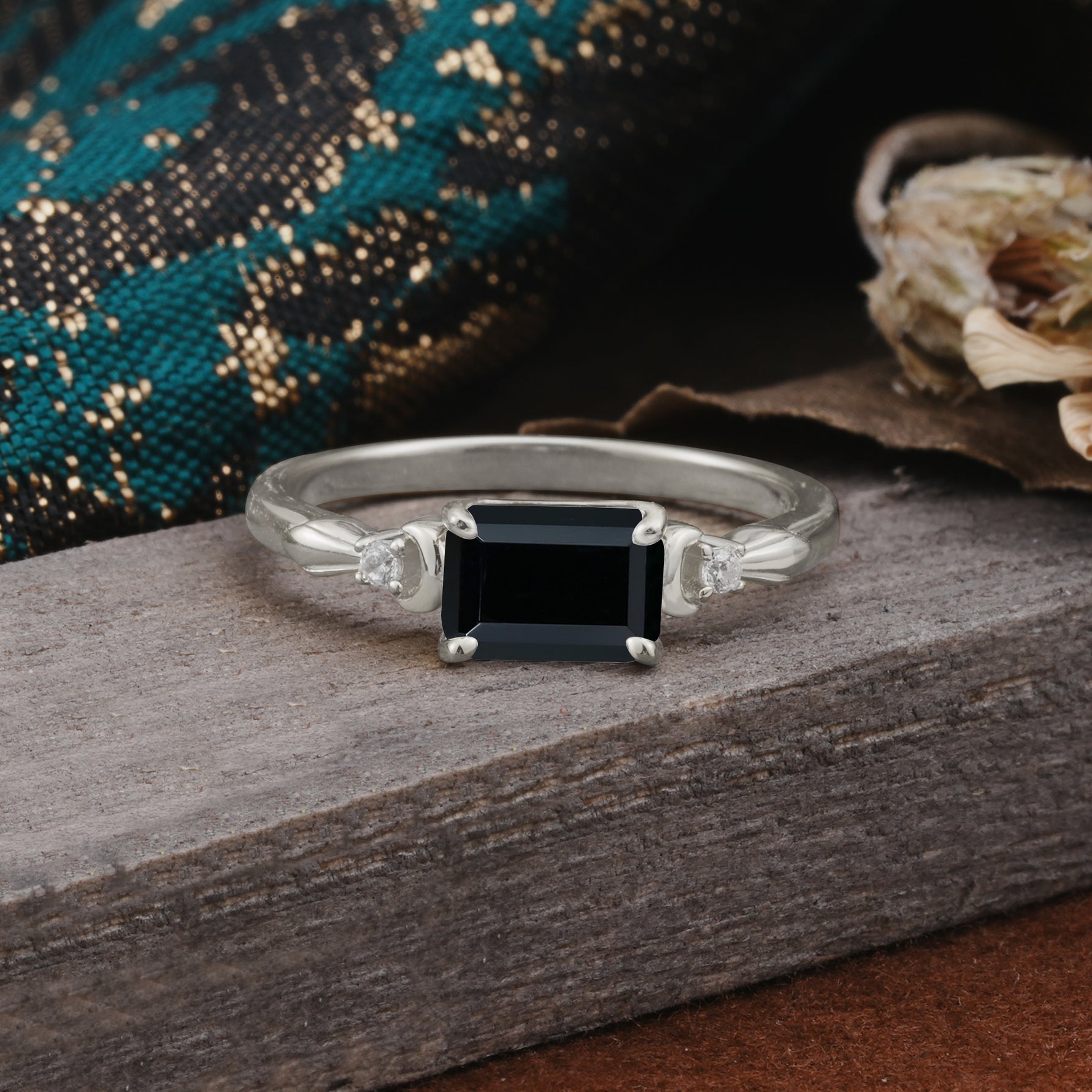 Classic Sparkling Square Cut Black Onyx Engagement Ring with Side Accents  - Additional view