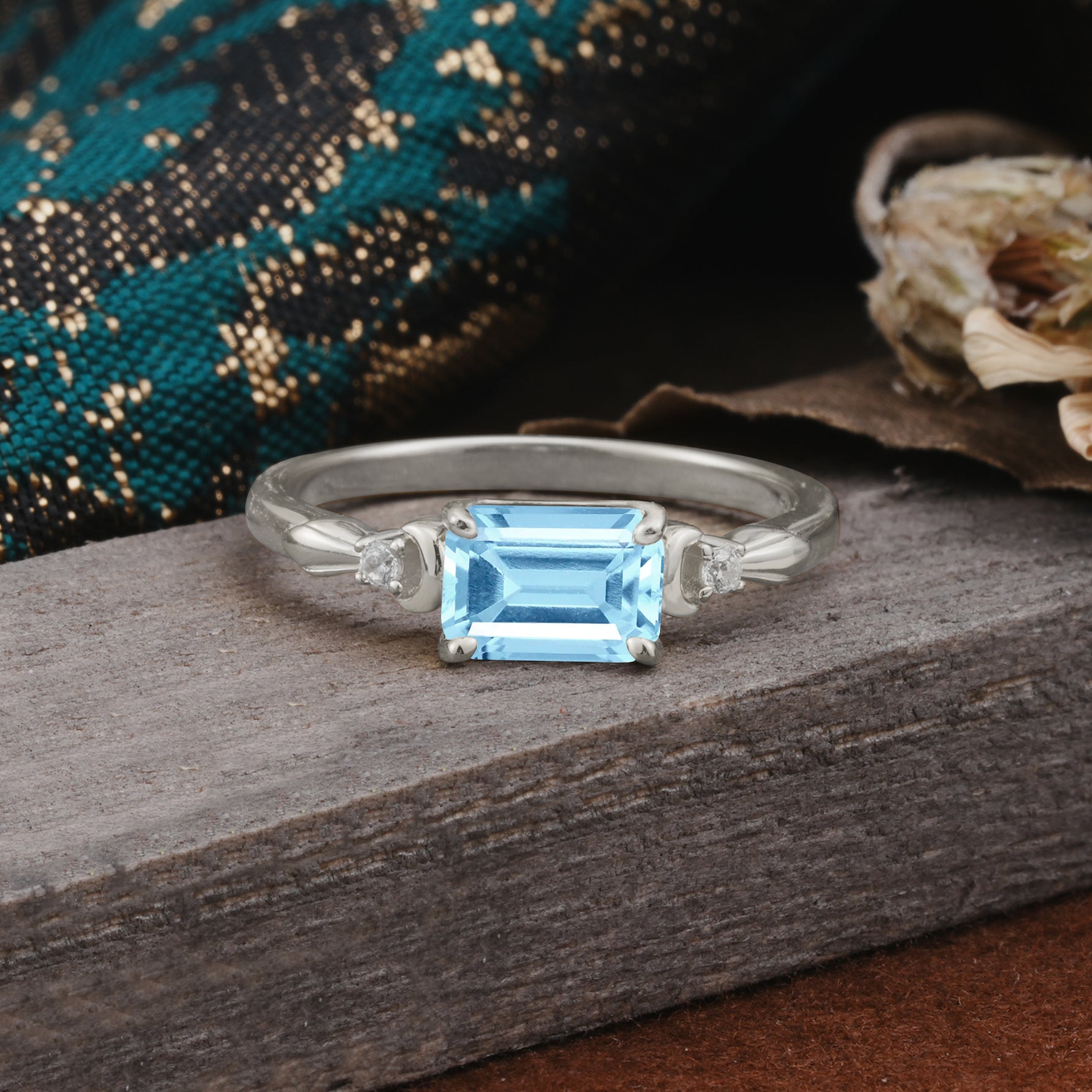 Classic Sparkling Square Cut Aquamarine Engagement Ring with Side Accents  - Additional view