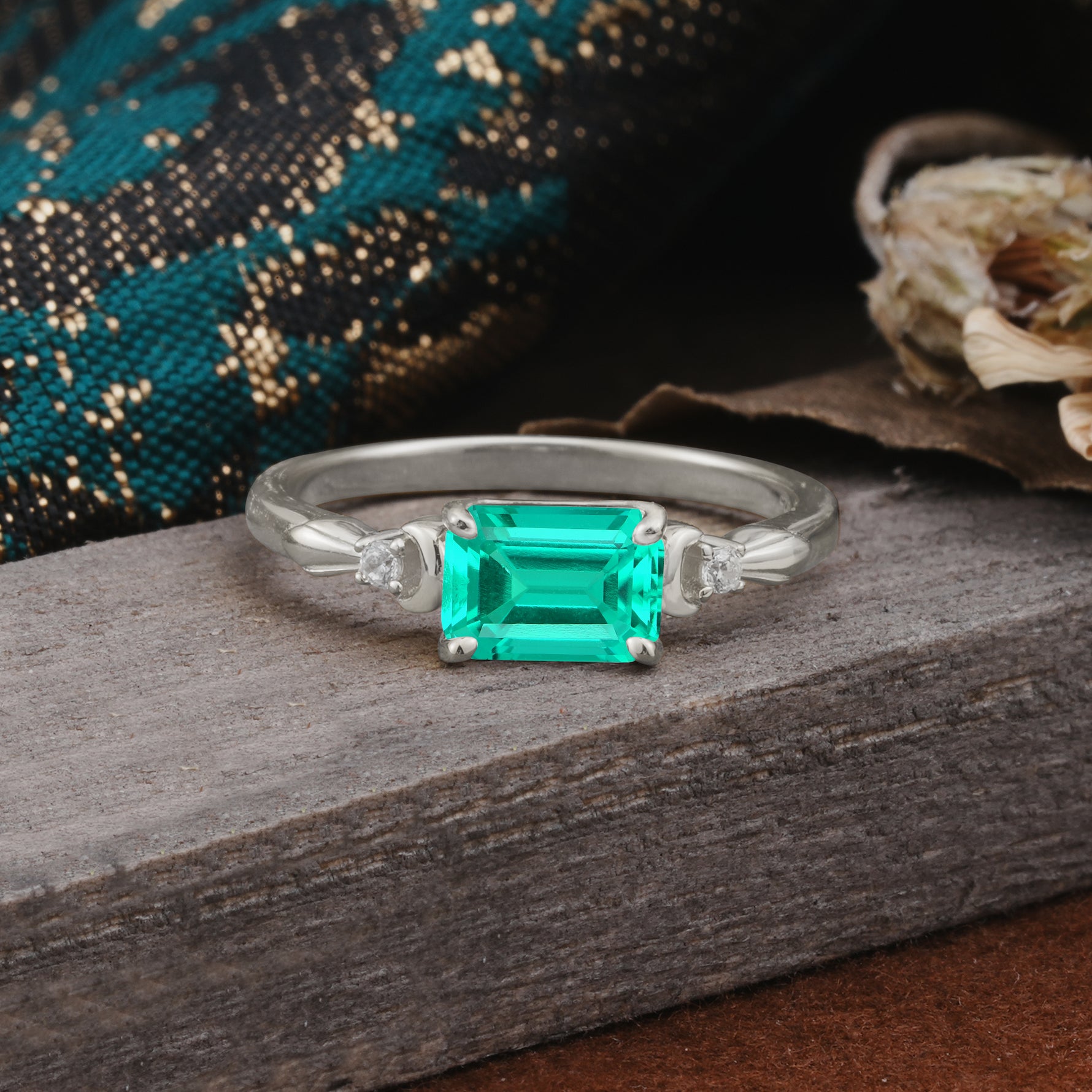 Classic Sparkling Square Cut Emerald Engagement Ring with Side Accents  - Additional view
