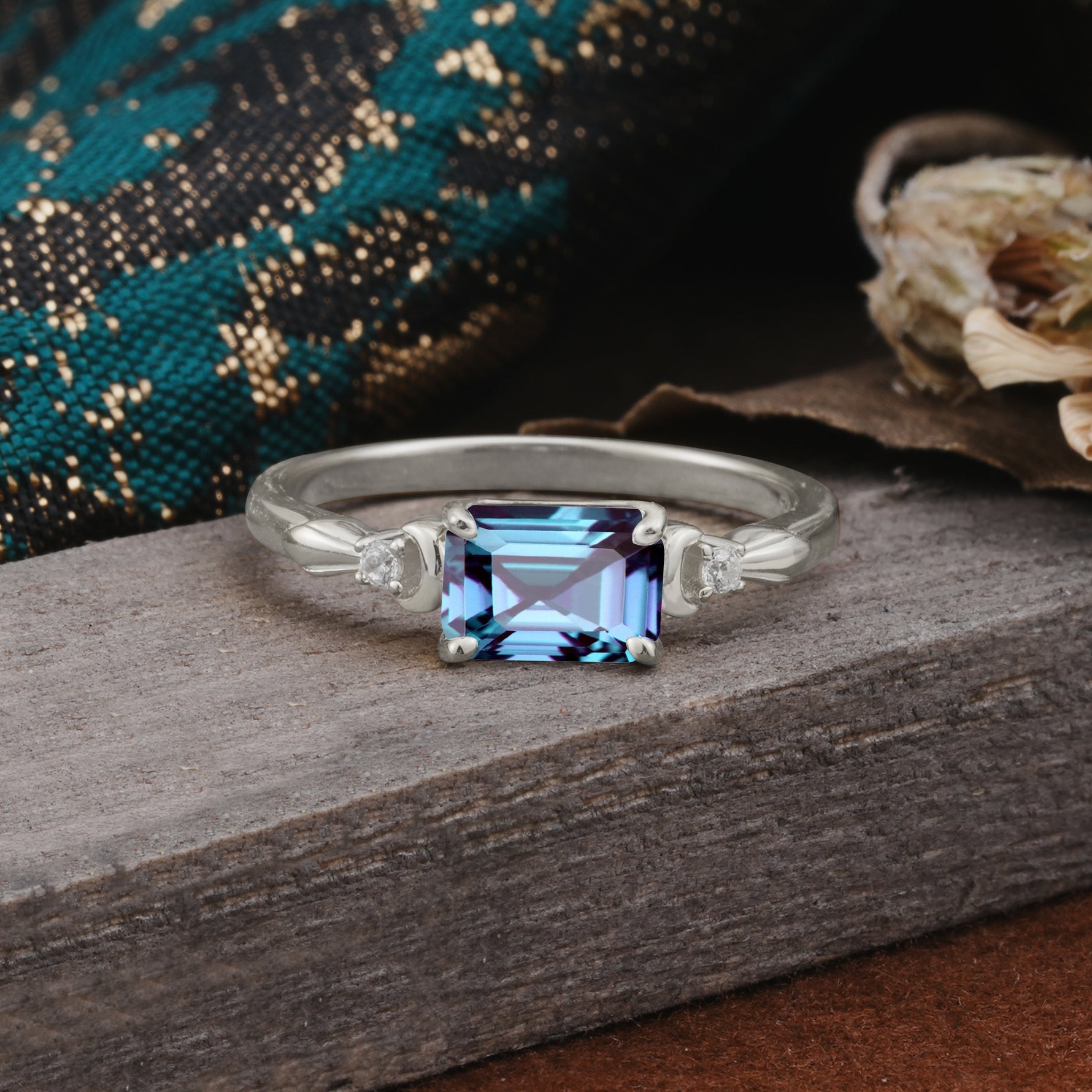 Classic Sparkling Square Cut Alexandrite Engagement Ring with Side Accents  - Additional view