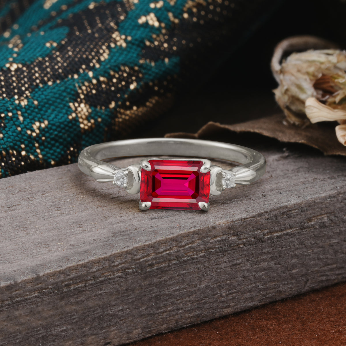Classic Sparkling Square Cut Ruby Engagement Ring with Side Accents  - Additional view