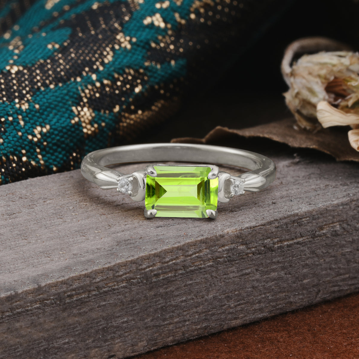 Classic Sparkling Square Cut Peridot Engagement Ring with Side Accents  - Additional view
