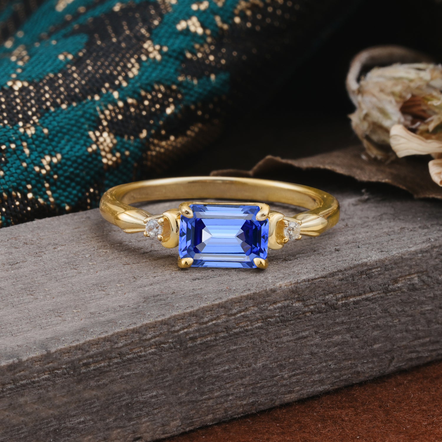 Classic Sparkling Square Cut Sapphire Engagement Ring with Side Accents  - Additional view