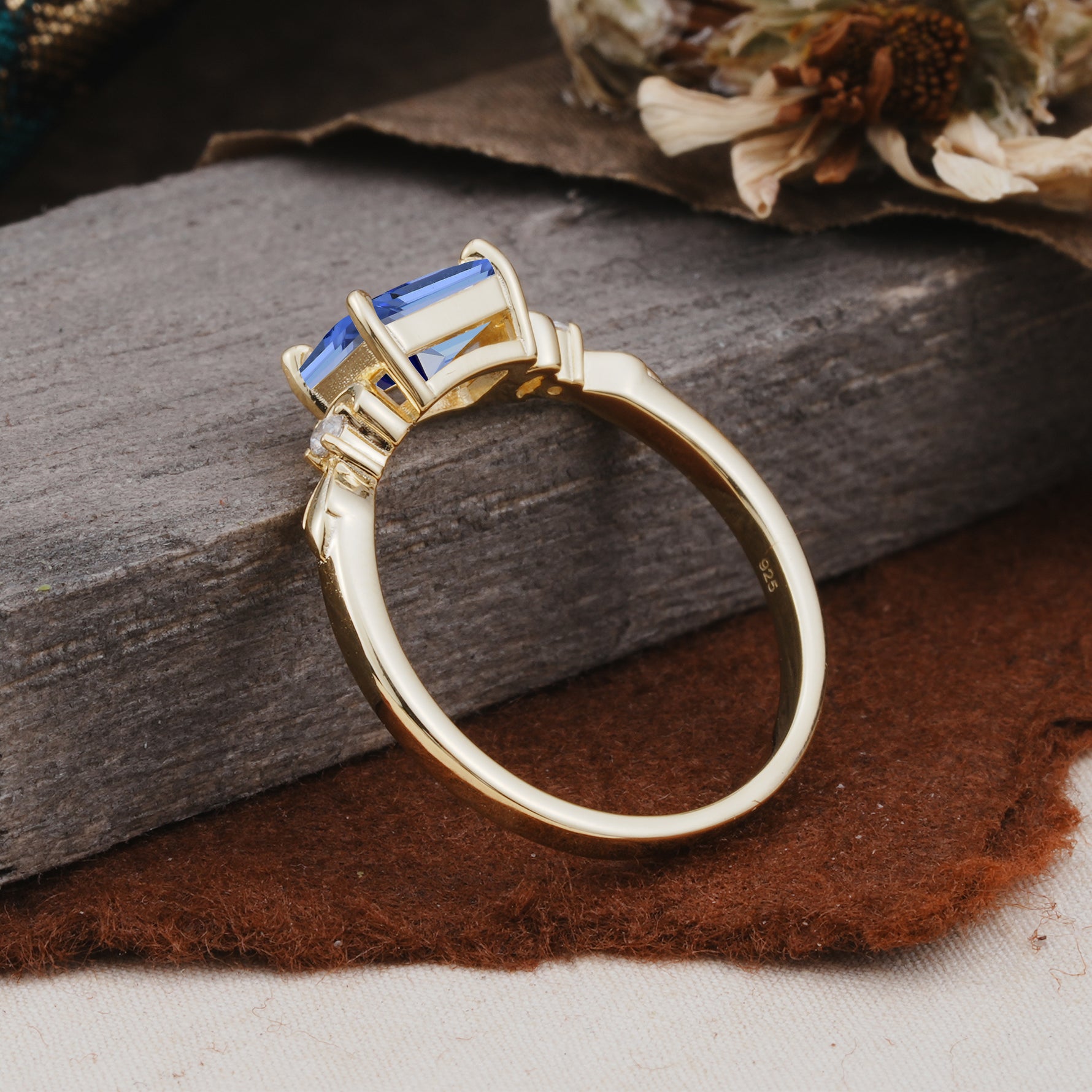 Classic Sparkling Square Cut Sapphire Engagement Ring with Side Accents  - Additional view