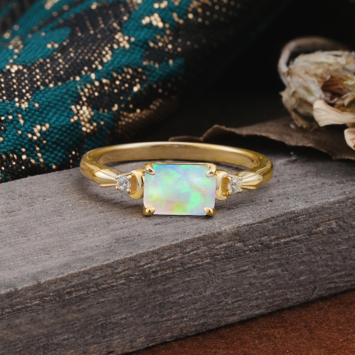 Classic Sparkling Square Cut Fire Opal Engagement Ring with Side Accents  - Additional view