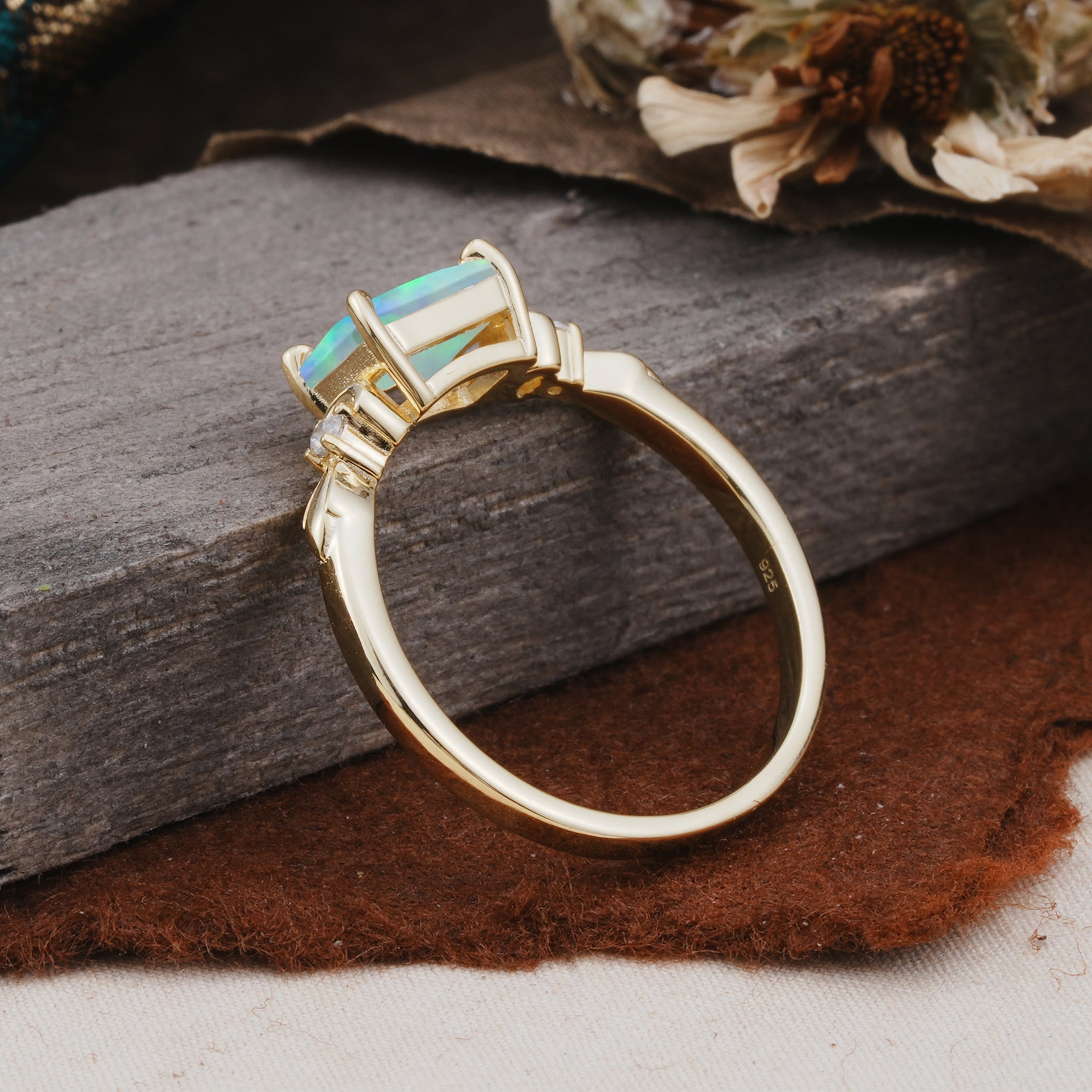 Classic Sparkling Square Cut Fire Opal Engagement Ring with Side Accents  - Additional view
