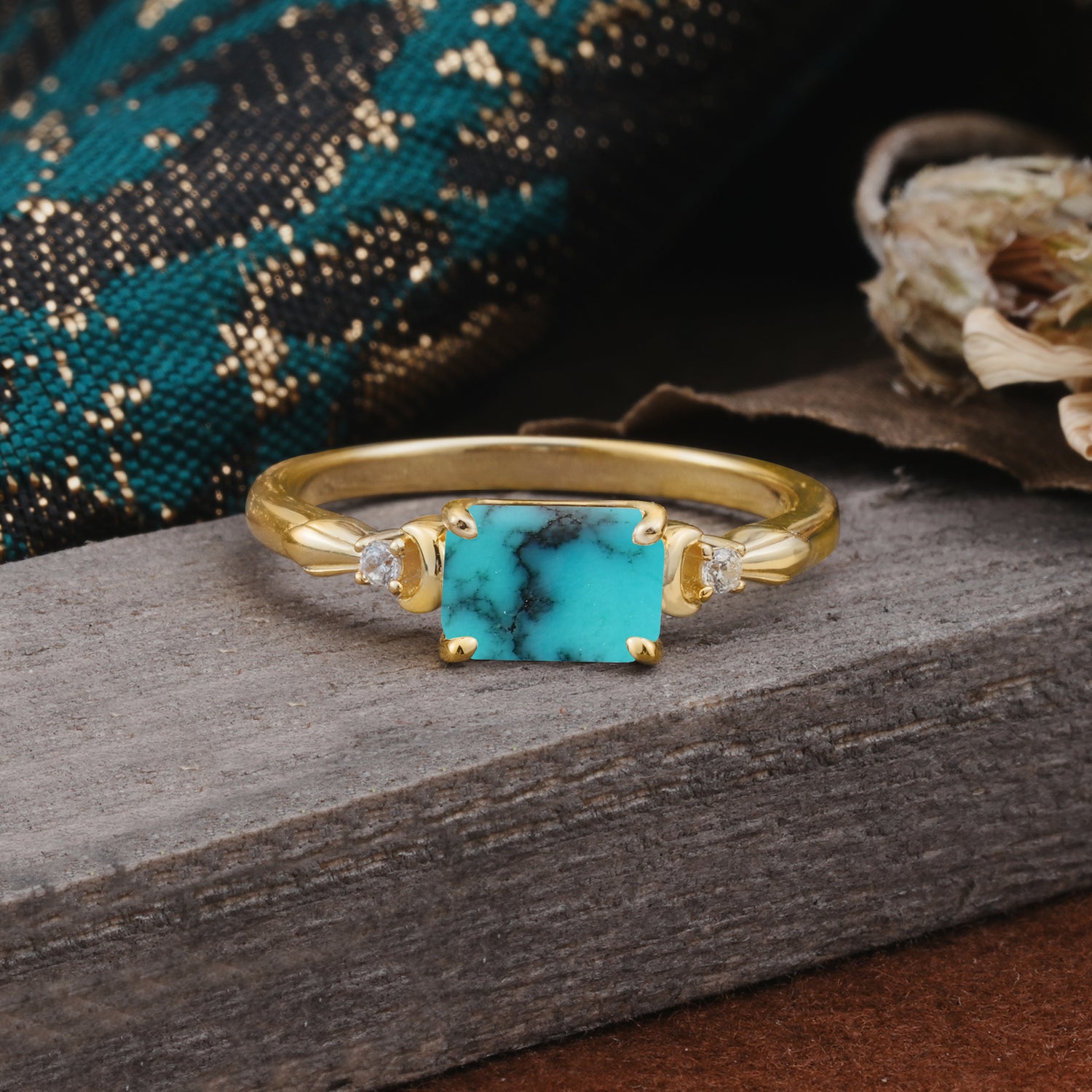 Classic Sparkling Square Cut Turquoise Engagement Ring with Side Accents  - Additional view