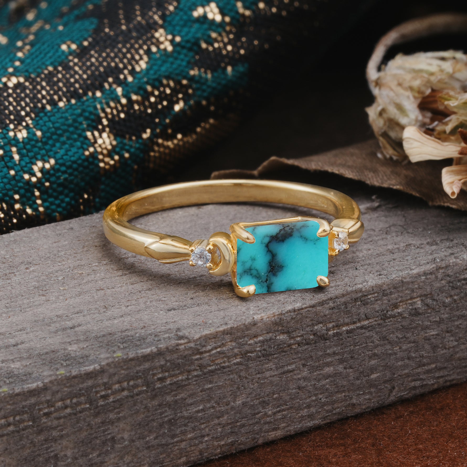 Classic Sparkling Square Cut Turquoise Engagement Ring with Side Accents  - Additional view