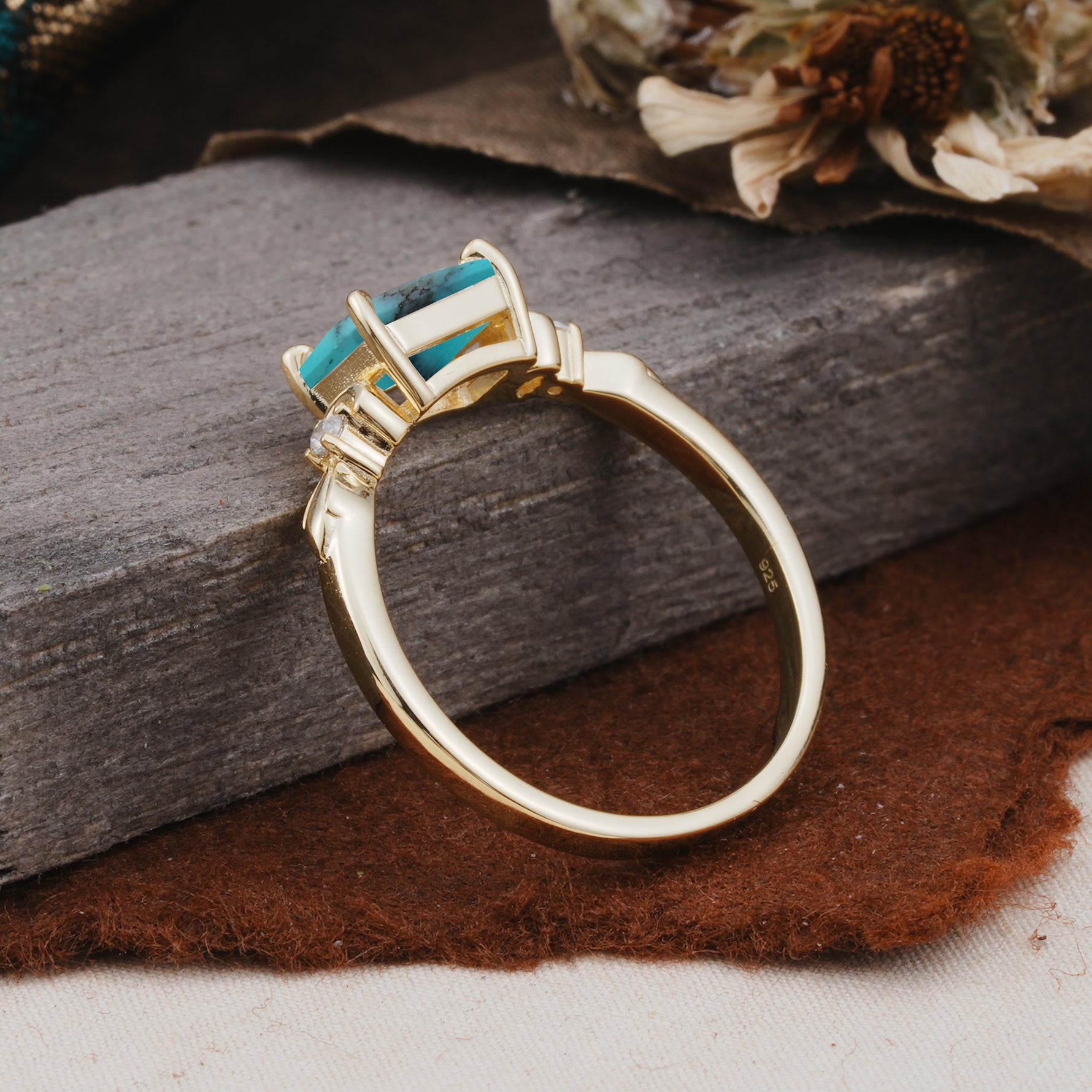Classic Sparkling Square Cut Turquoise Engagement Ring with Side Accents  - Additional view