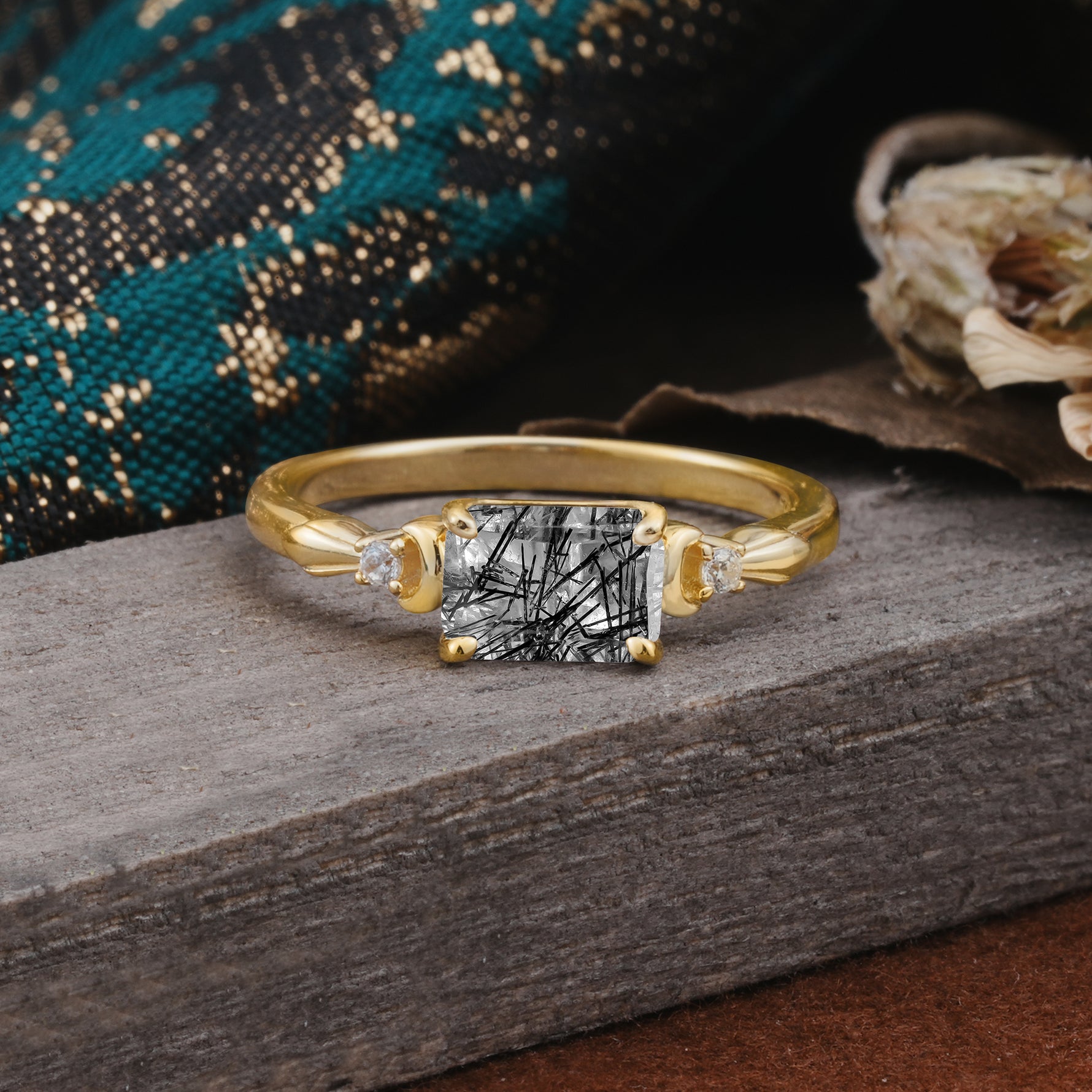 Classic Sparkling Square Cut Black Rutilated Quartz Engagement Ring with Side Accents  - Additional view