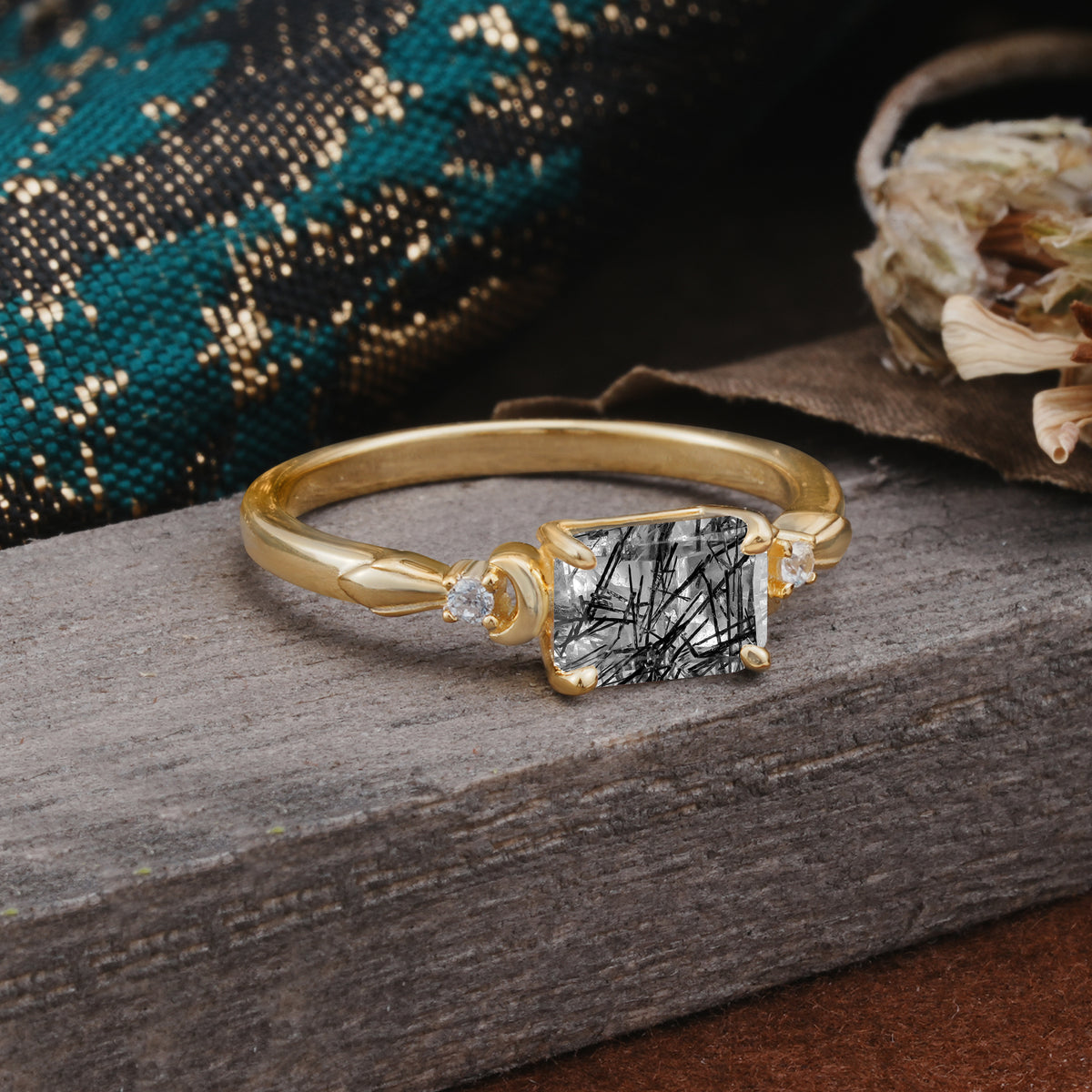 Classic Sparkling Square Cut Black Rutilated Quartz Engagement Ring with Side Accents  - Additional view