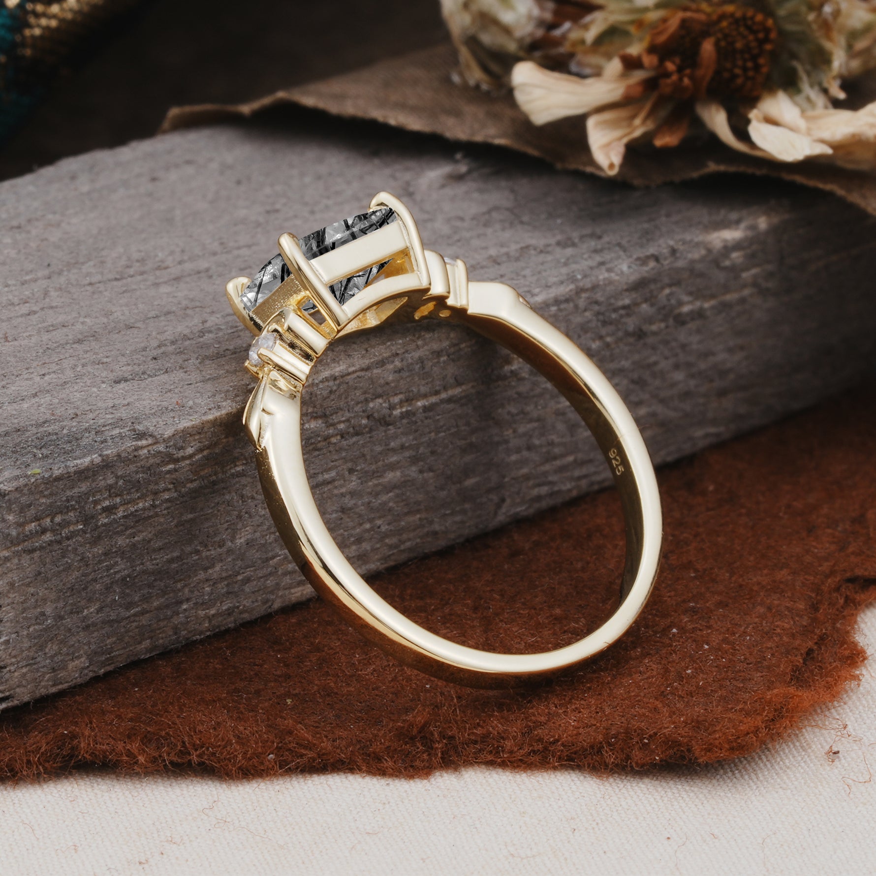 Classic Sparkling Square Cut Black Rutilated Quartz Engagement Ring with Side Accents  - Additional view
