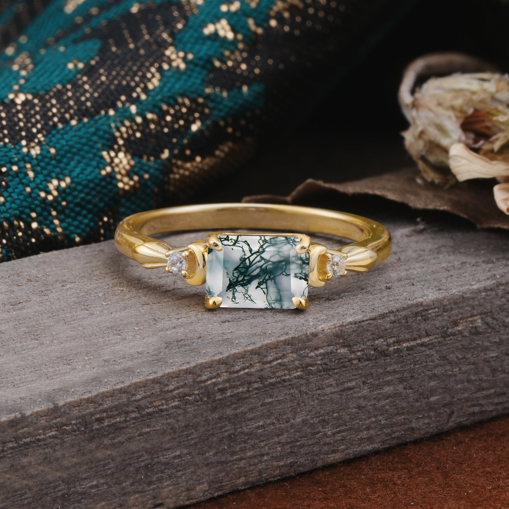 Classic Sparkling Square Cut Moss Agate Engagement Ring with Side Accents  - Additional view