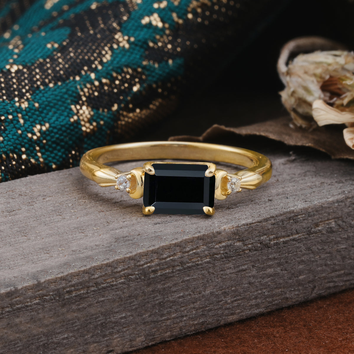 Classic Sparkling Square Cut Black Onyx Engagement Ring with Side Accents  - Additional view