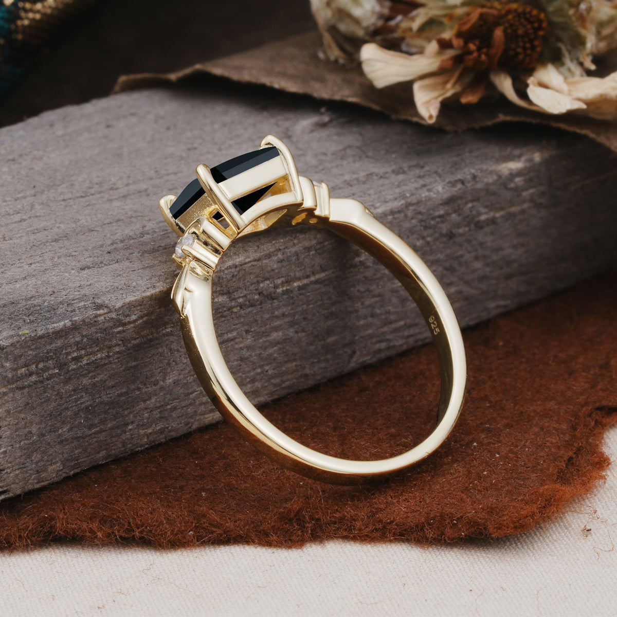 Classic Sparkling Square Cut Black Onyx Engagement Ring with Side Accents  - Additional view