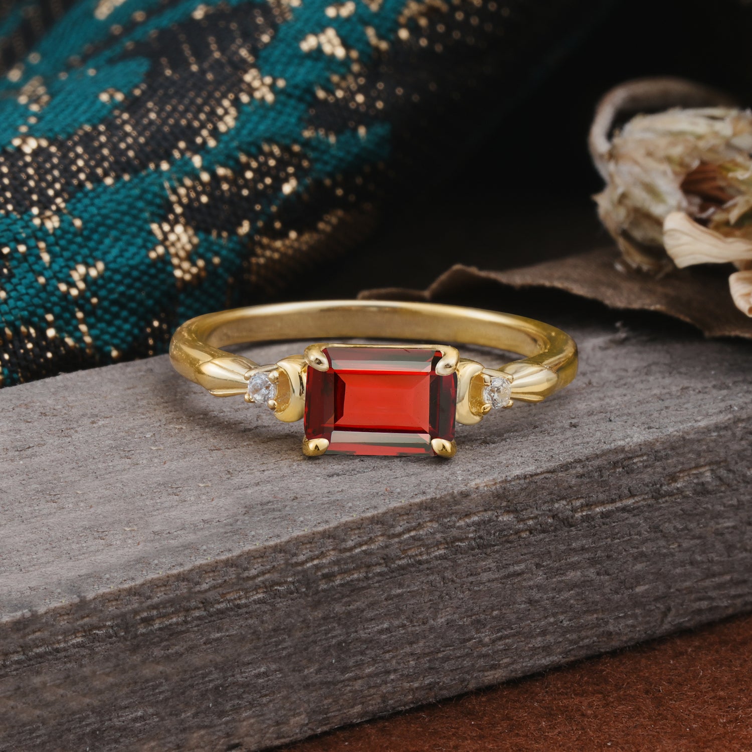 Classic Sparkling Square Cut Garnet Engagement Ring with Side Accents  - Additional view