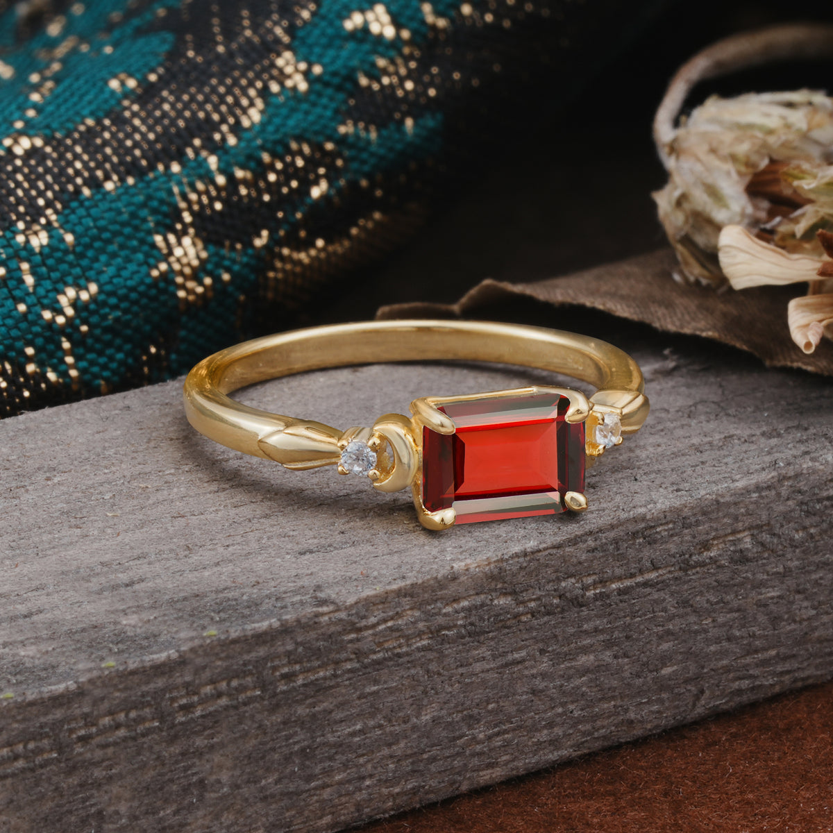 Classic Sparkling Square Cut Garnet Engagement Ring with Side Accents  - Additional view
