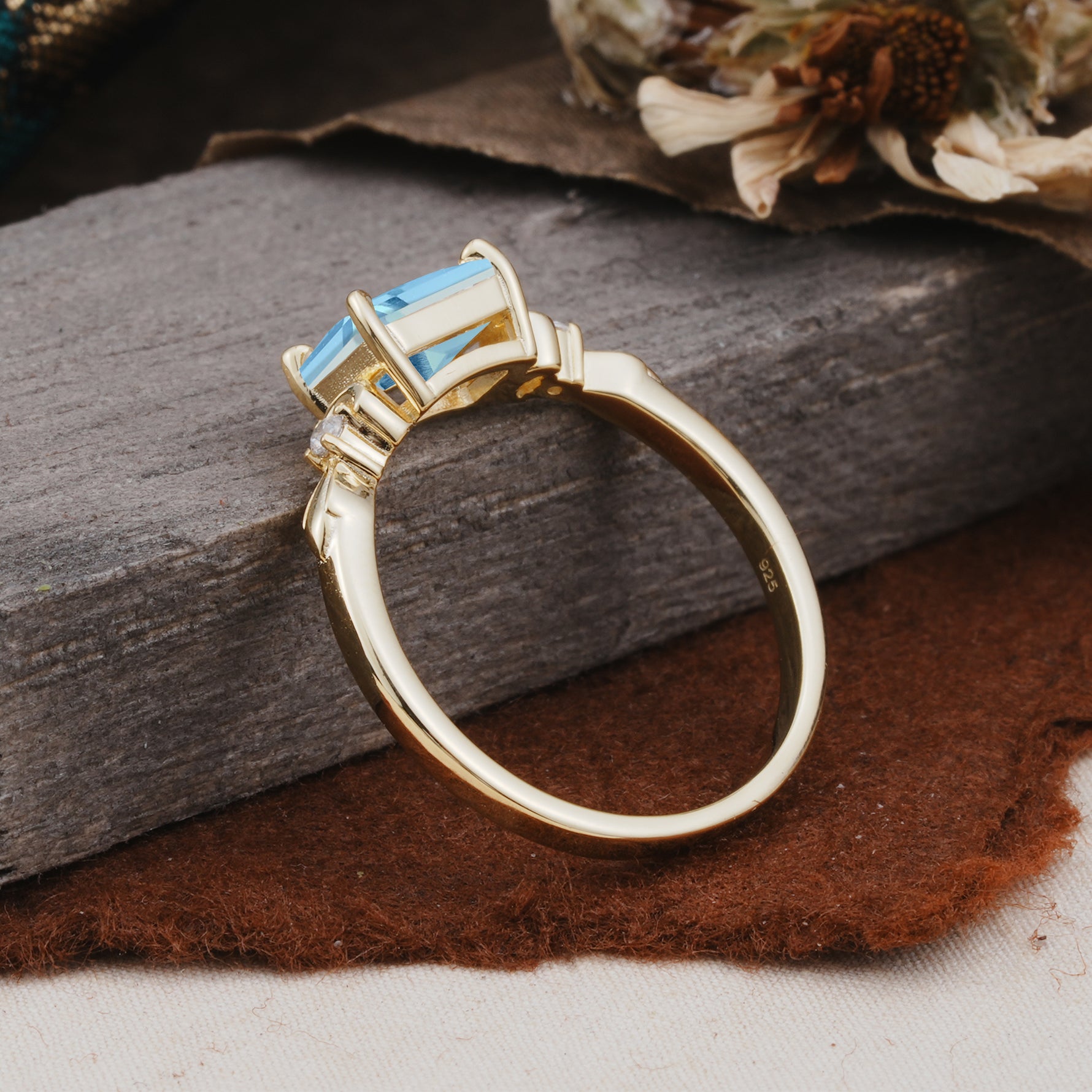 Classic Sparkling Square Cut Aquamarine Engagement Ring with Side Accents  - Additional view