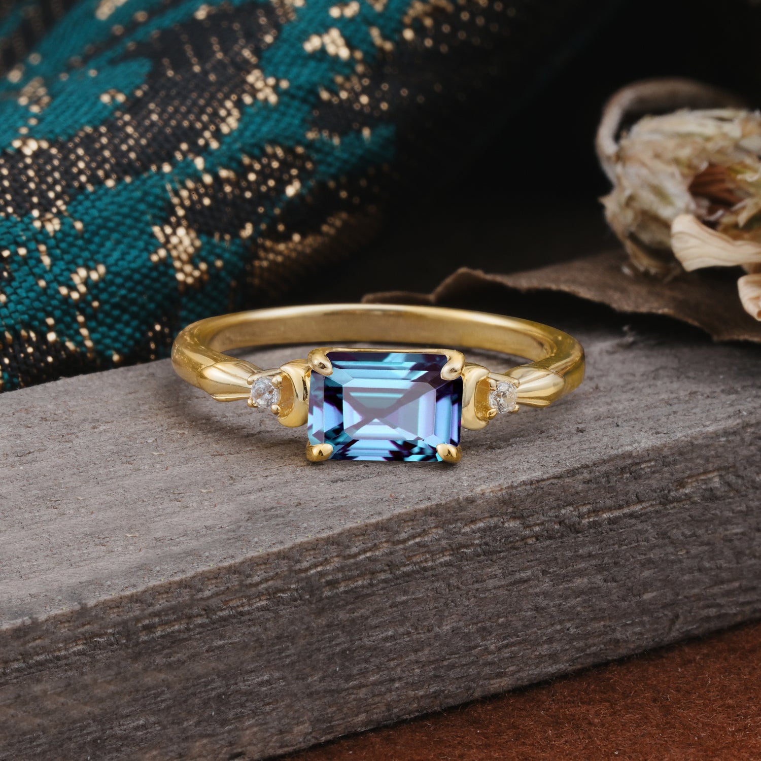 Classic Sparkling Square Cut Alexandrite Engagement Ring with Side Accents  - Additional view