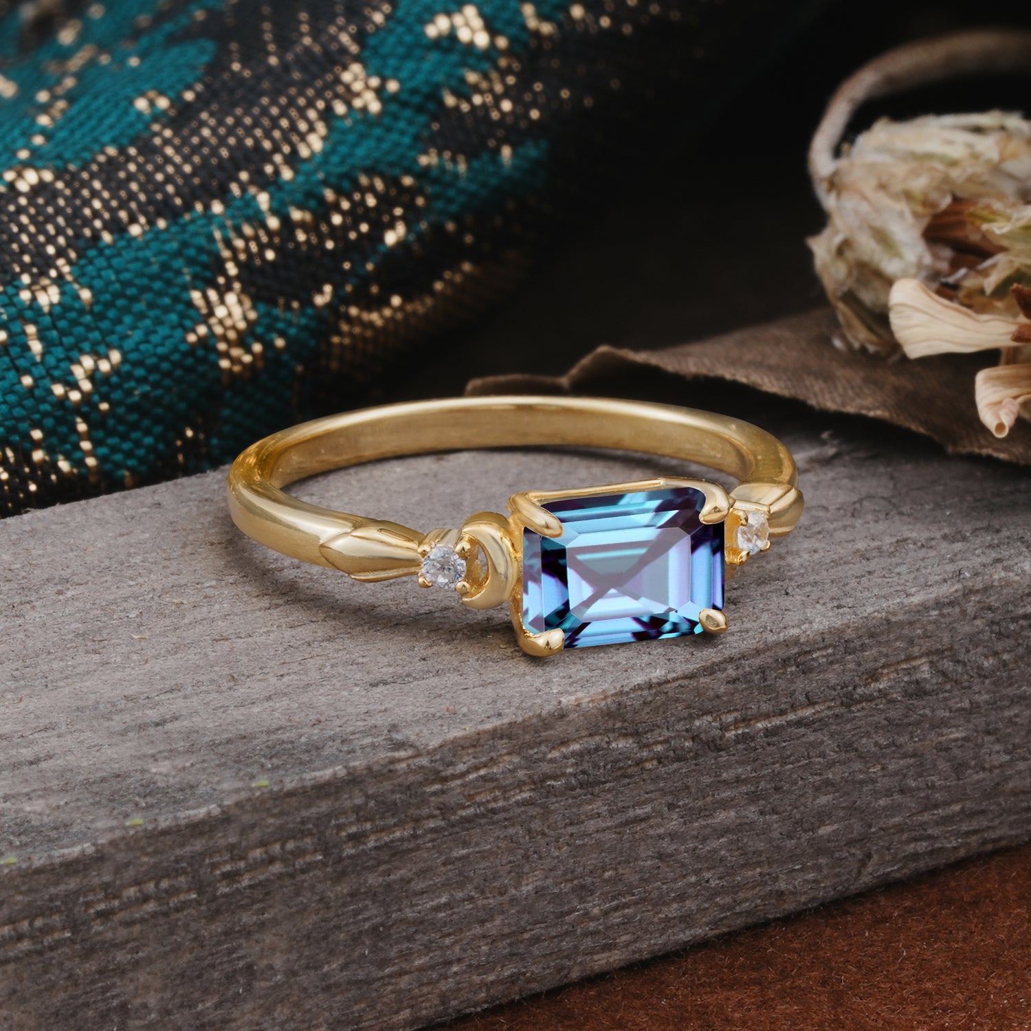 Classic Sparkling Square Cut Alexandrite Engagement Ring with Side Accents  - Additional view