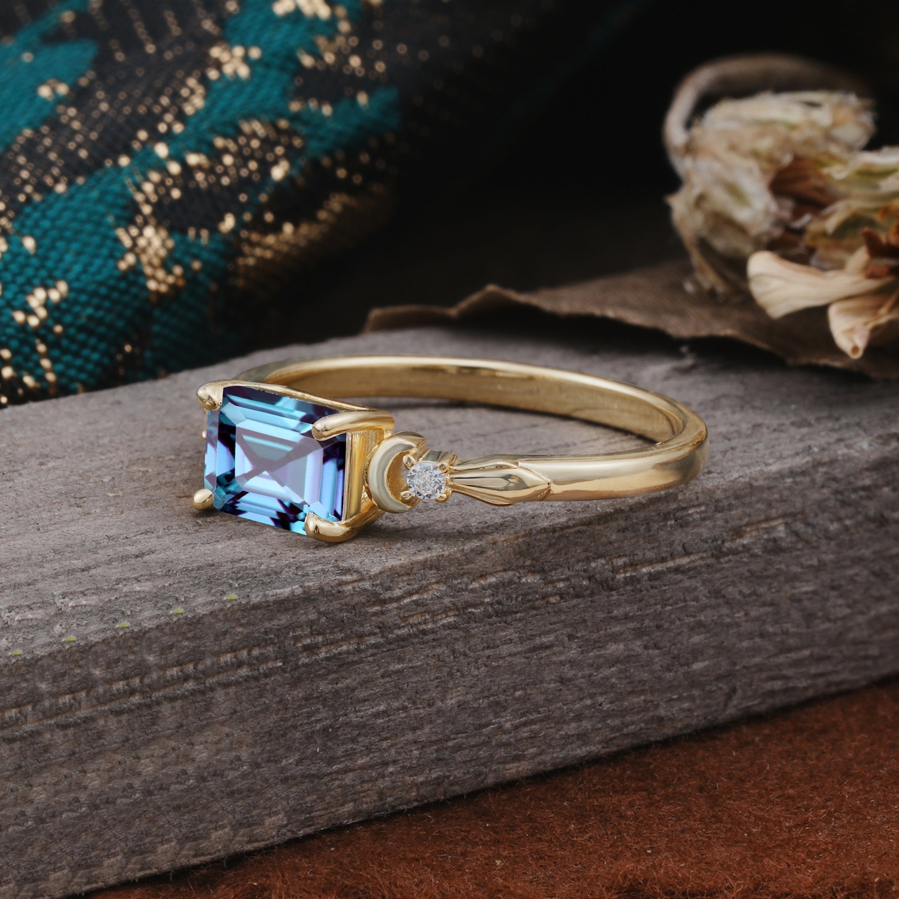 Classic Sparkling Square Cut Alexandrite Engagement Ring with Side Accents  - Additional view
