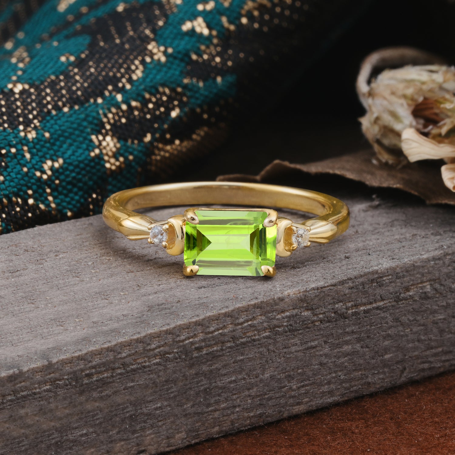 Classic Sparkling Square Cut Peridot Engagement Ring with Side Accents  - Additional view