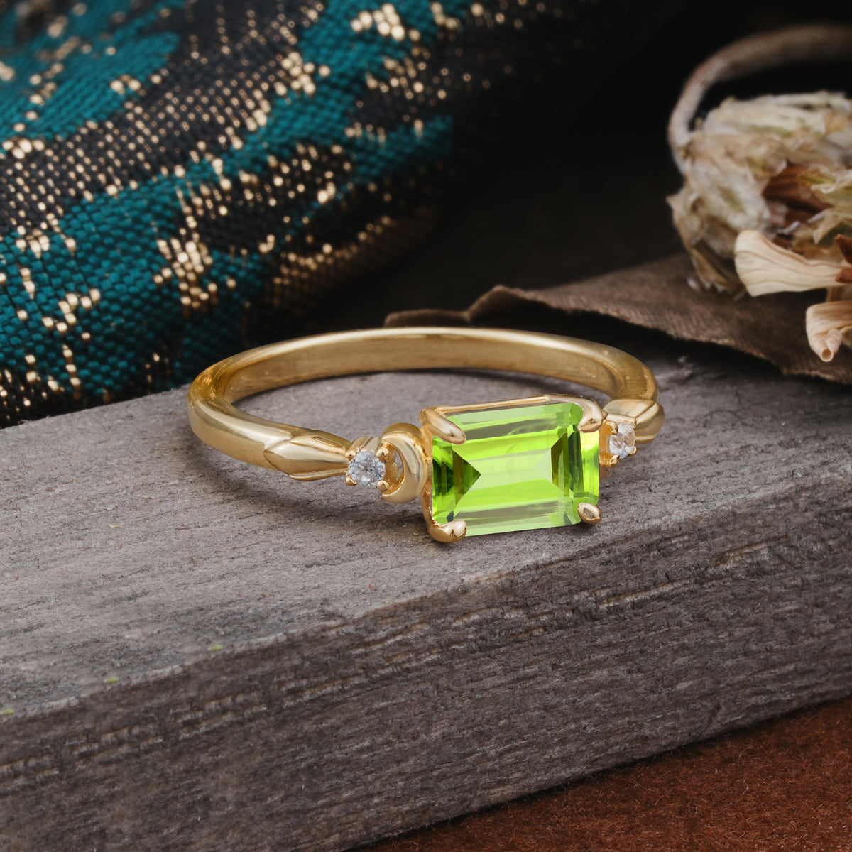 Classic Sparkling Square Cut Peridot Engagement Ring with Side Accents  - Additional view