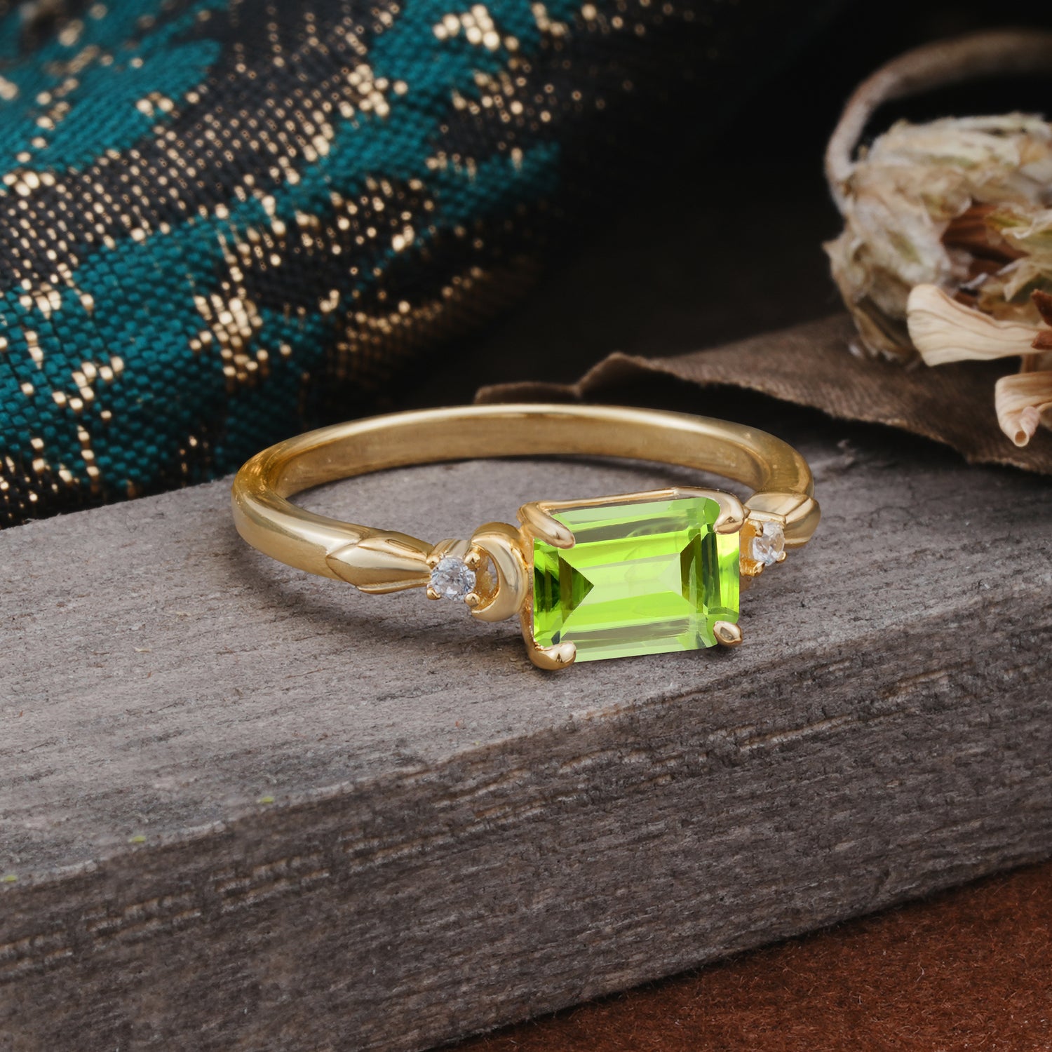 Classic Sparkling Square Cut Peridot Engagement Ring with Side Accents  - Additional view
