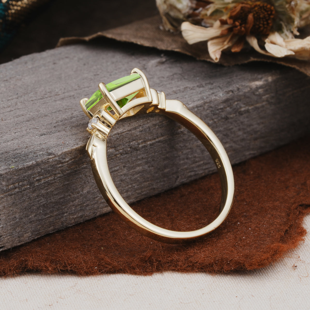 Classic Sparkling Square Cut Peridot Engagement Ring with Side Accents  - Additional view