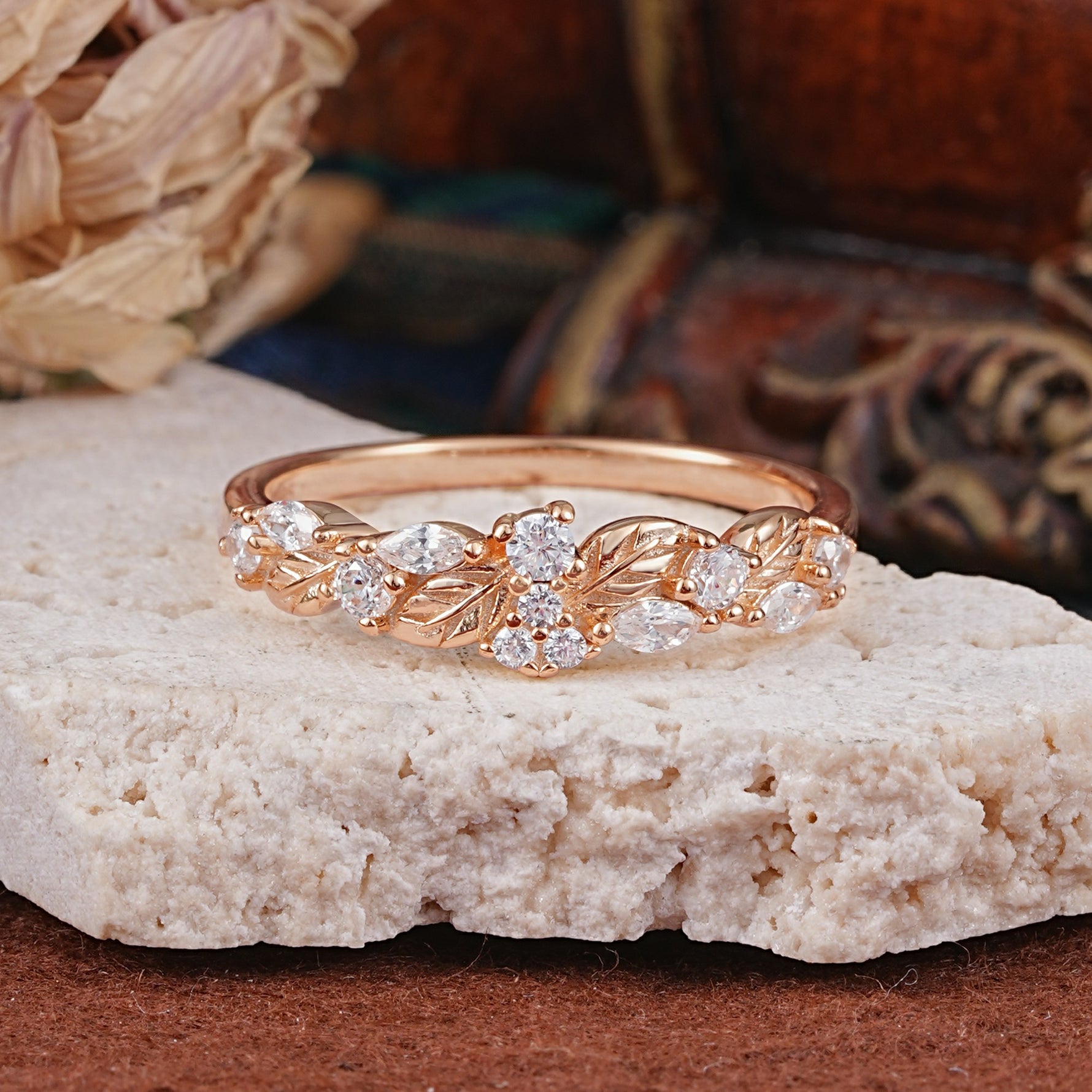 Vintage Nature Inspired Twisted Vine Leaf Moissanite Full Eternity Wedding Band - Additional view