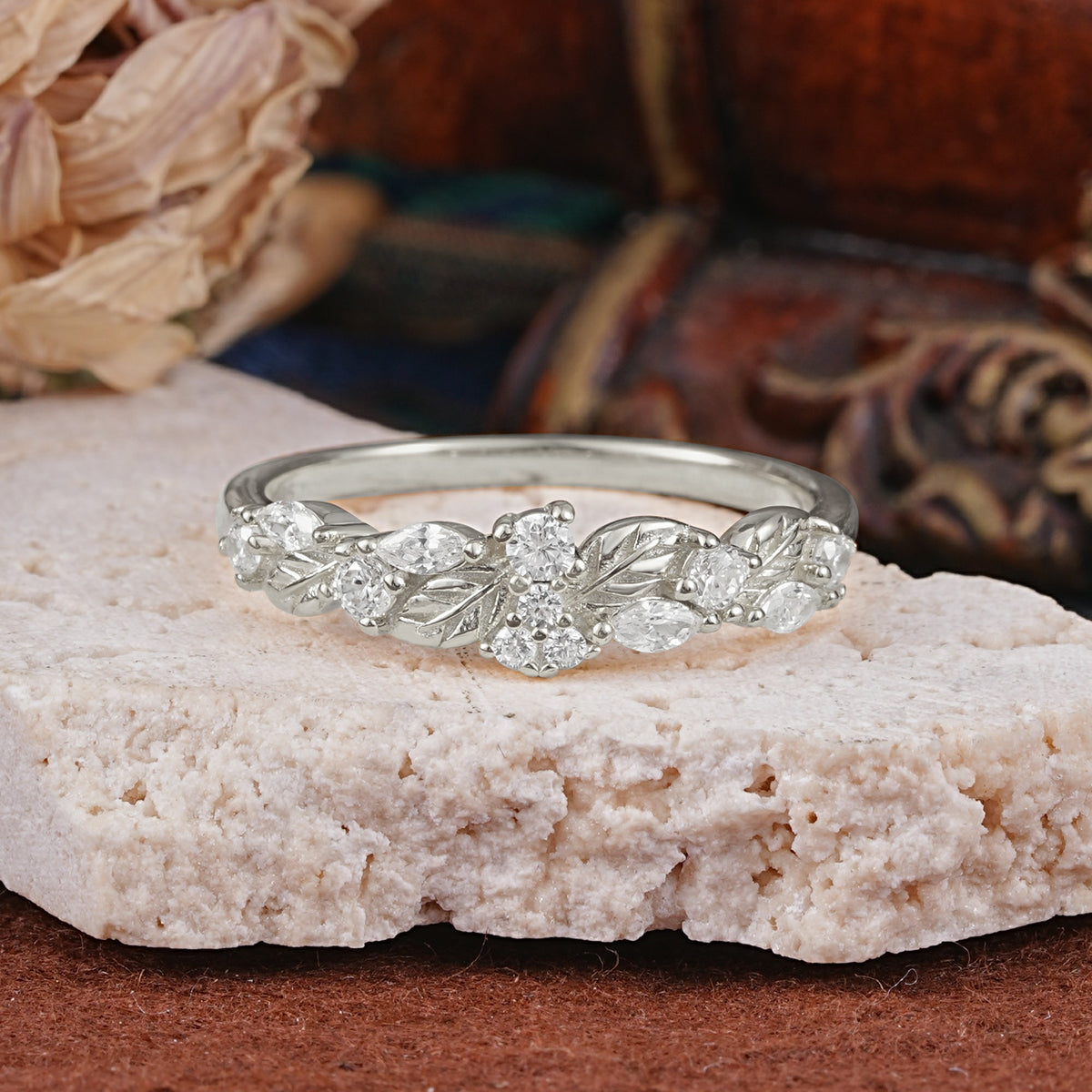 Vintage Nature Inspired Twisted Vine Leaf Moissanite Full Eternity Wedding Band - Additional view