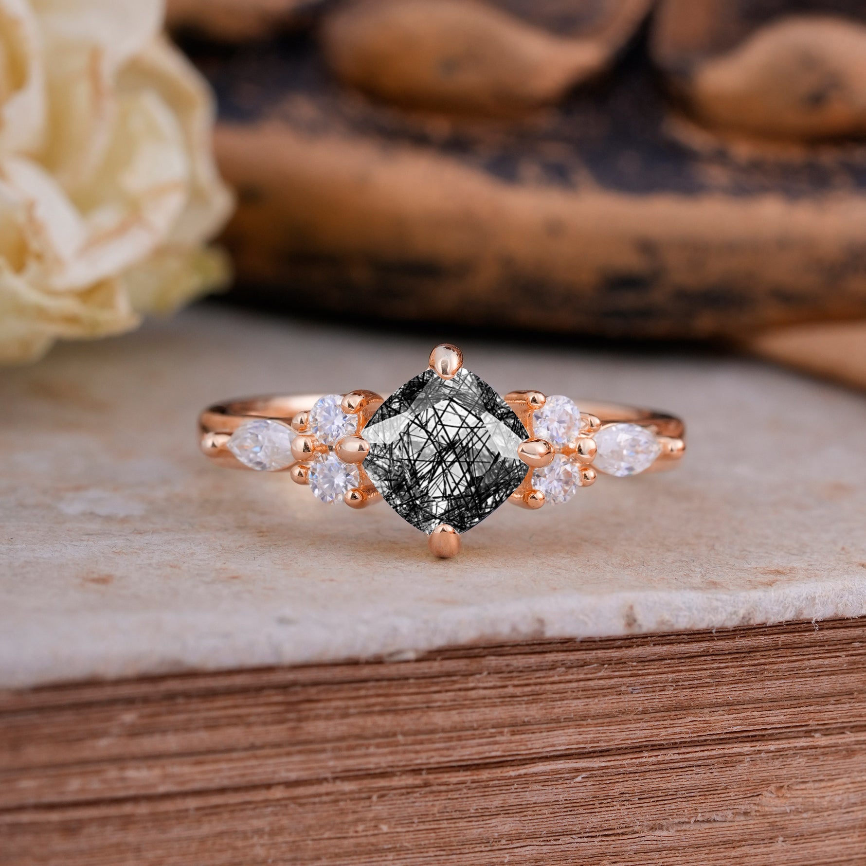 Vintage Mixed Cut Black Rutilated Quartz Eternity Wedding Band - Additional view