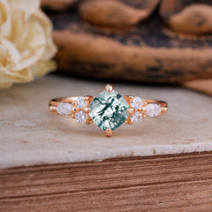 Classic Elegant 4-Prong Princess Cut Moss Agate Engagement Ring