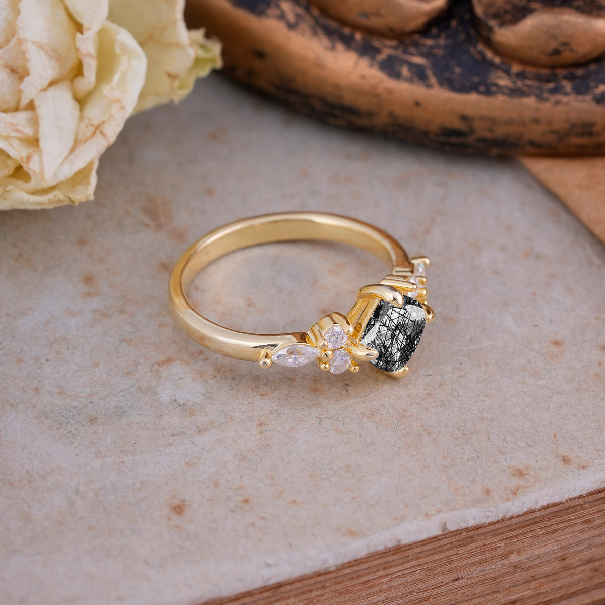 Vintage Mixed Cut Black Rutilated Quartz Eternity Wedding Band - Additional view