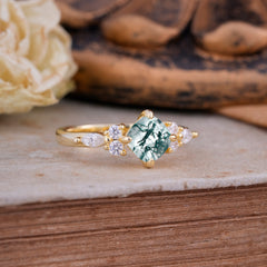 Classic Elegant 4-Prong Princess Cut Moss Agate Engagement Ring
