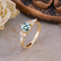 Classic Elegant 4-Prong Princess Cut Moss Agate Engagement Ring