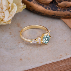 Classic Elegant 4-Prong Princess Cut Moss Agate Engagement Ring